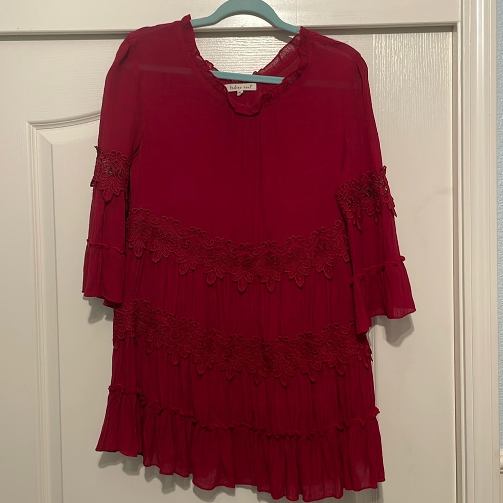 Indigo Soul blouse. Beautiful deep bread with lace detailing.